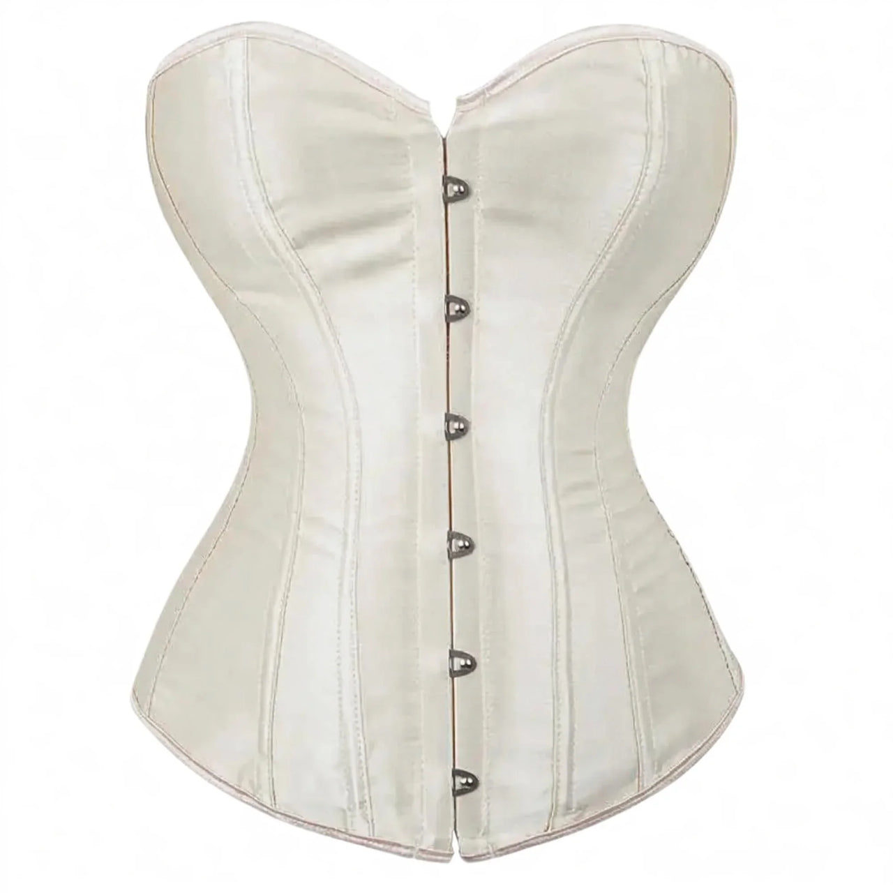 Apricot satin corset with silver buttons on a white background