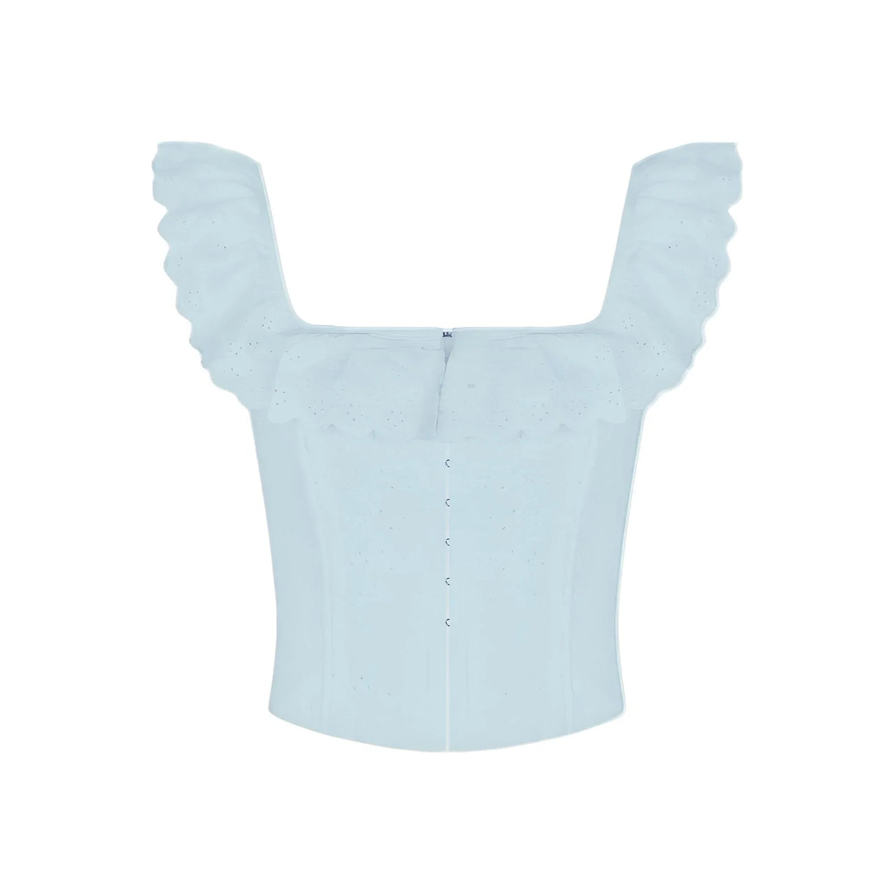Light blue corset crop top with ruffled straps on a white background