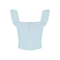 Thumbnail for Light blue corset crop top with ruffled straps on a white background