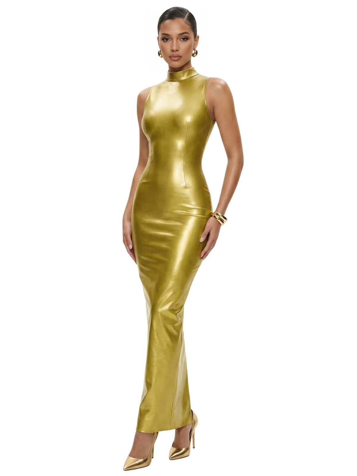 Women's Sleeveless Dress Sexy High Neck Glossy Faux Leather Dress With Back Zipper