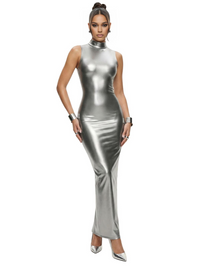 Thumbnail for Women's Sleeveless Dress Sexy High Neck Glossy Faux Leather Dress With Back Zipper