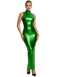 Thumbnail for Women's Sleeveless Dress Sexy High Neck Glossy Faux Leather Dress With Back Zipper
