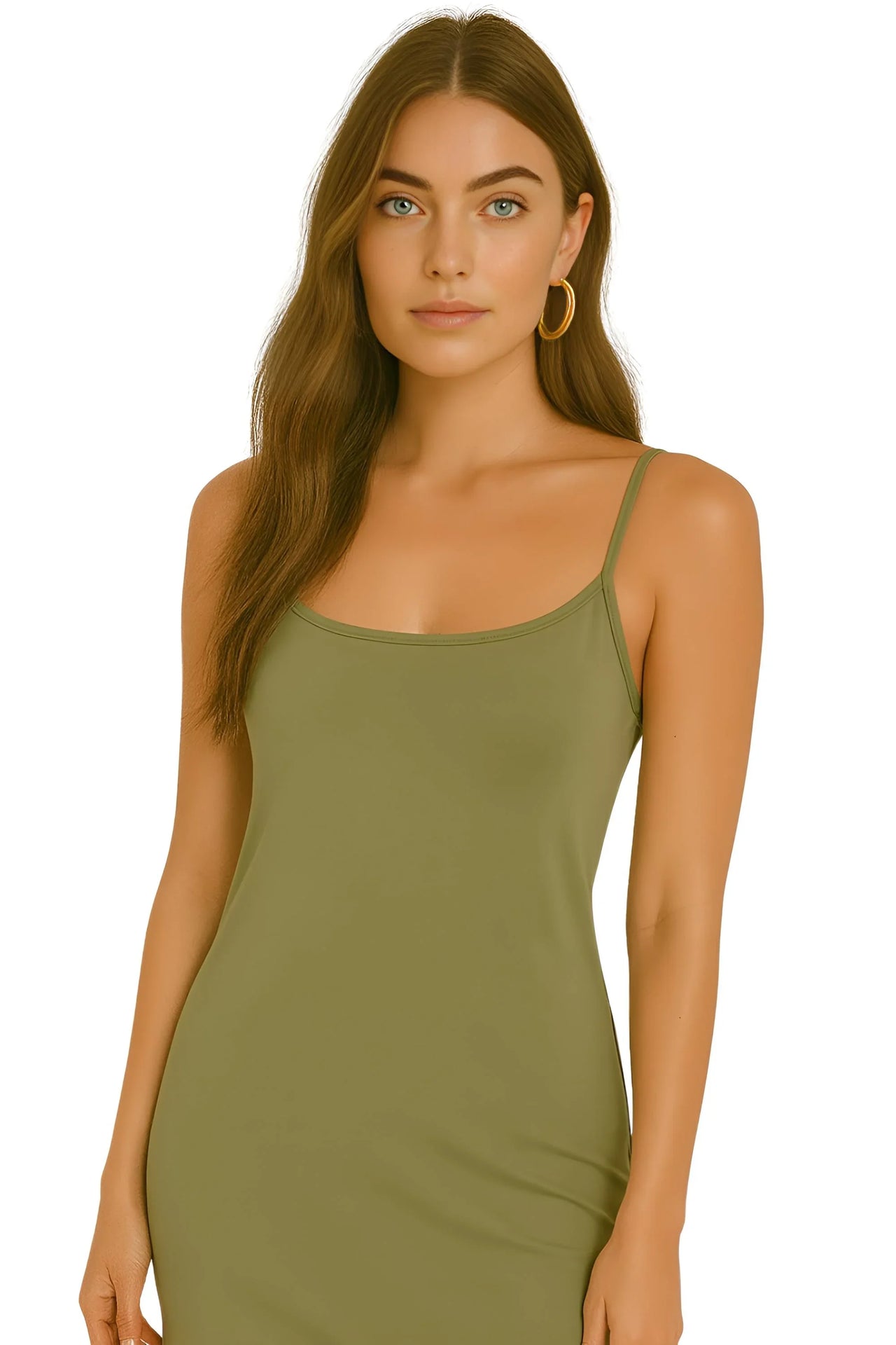 Woman wearing an olive green slip dress on a white background