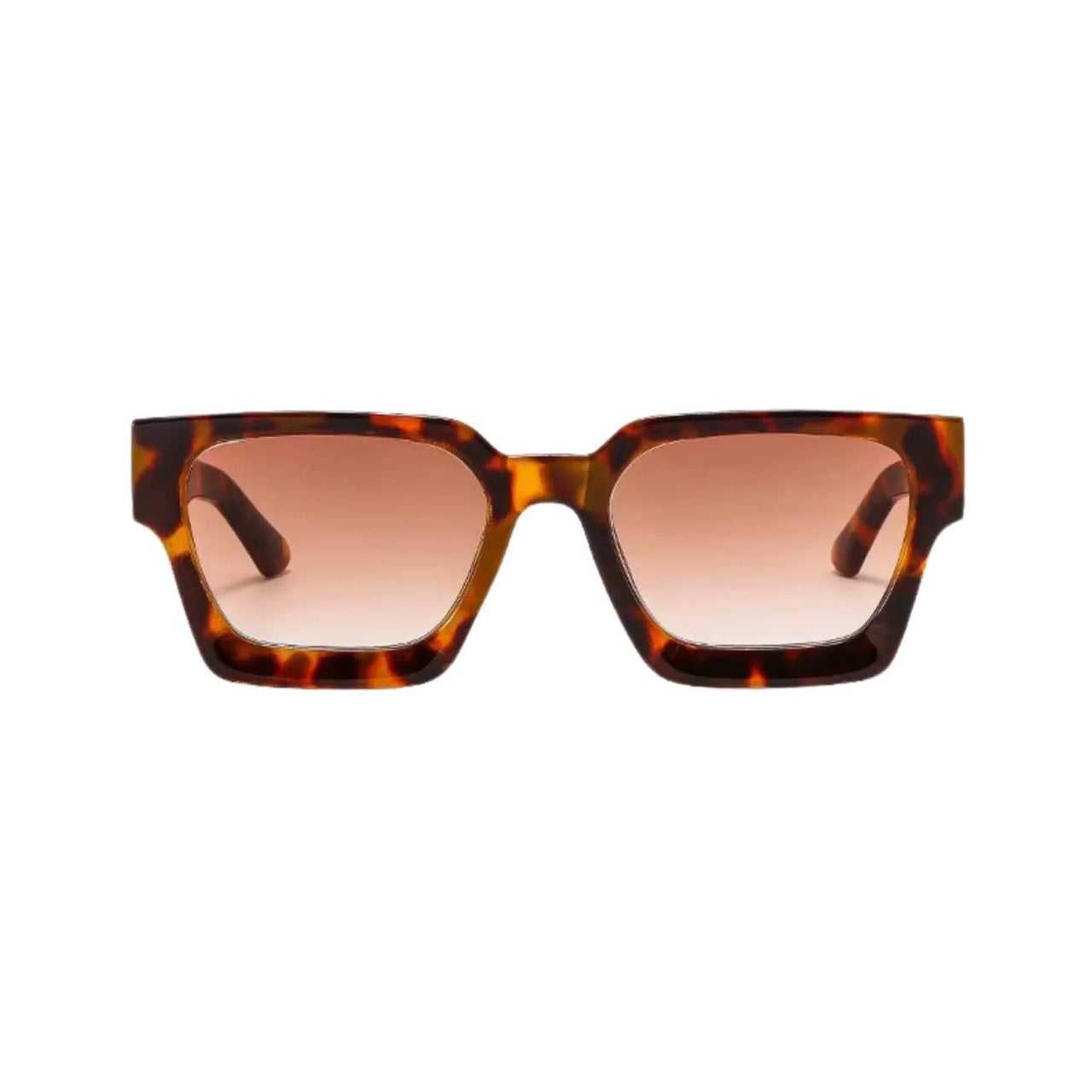 Sunglasses with tortoiseshell frame and brown lenses on a white background