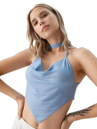 Thumbnail for Woman wearing a light blue halter top against a white background