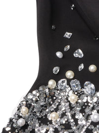 Thumbnail for Women's Sparkly Crystal Pearls Mini Dress Black