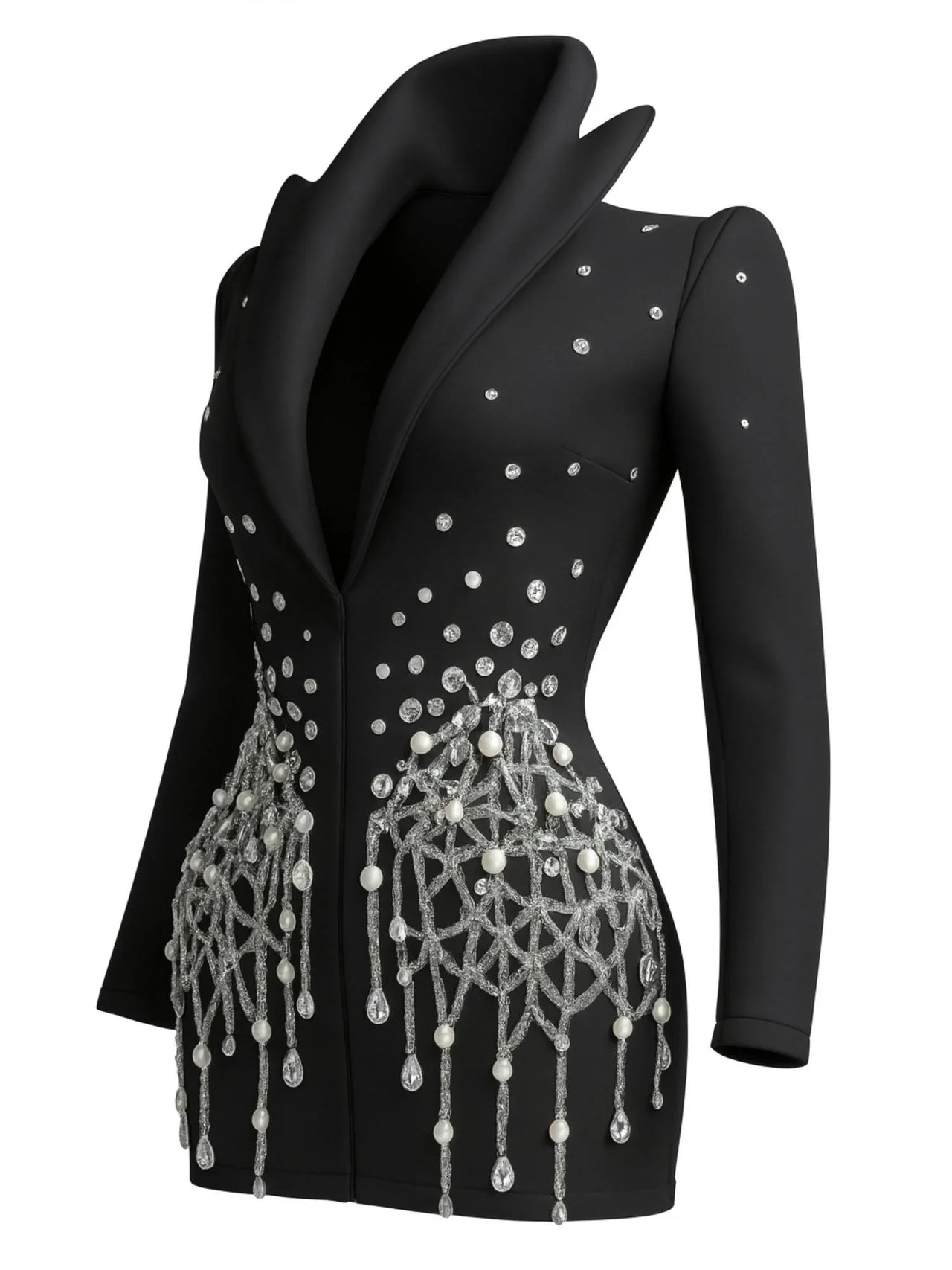Black blazer mini dress with crystal embellishments on a white background