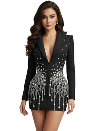 Thumbnail for Women's Sparkly Crystal Pearls Mini Dress Black