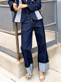 Thumbnail for Women's Straight Leg Jeans 2025 Fall New Contrast Color Split-Joint High Waist Loose Fit Pants Buttoned Casual Trousers, Drestiny, Jeans, Casual Pants, Dark Blue, Deep Blue, S, M, L, XL, XXL, 2XL, 4, 6, 8, 10, 12, 14, United States, United Kingdom, FR, shopdrestiny.com