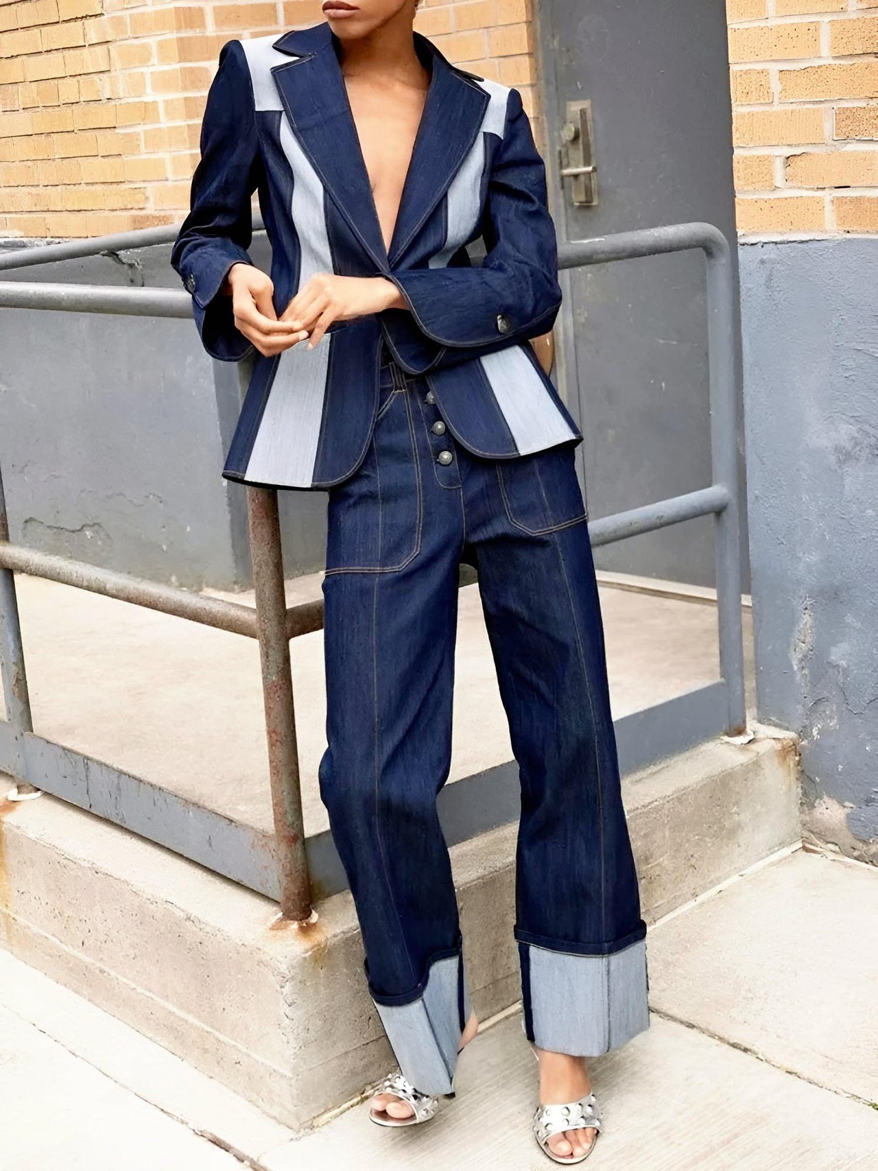 Women's Straight Leg Jeans 2025 Fall New Contrast Color Split-Joint High Waist Loose Fit Pants Buttoned Casual Trousers, Drestiny, Jeans, Casual Pants, Dark Blue, Deep Blue, S, M, L, XL, XXL, 2XL, 4, 6, 8, 10, 12, 14, United States, United Kingdom, FR, shopdrestiny.com