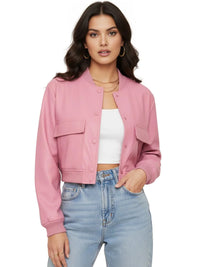 Thumbnail for Woman wearing a pink jacket, white top, and light blue jeans on a white background