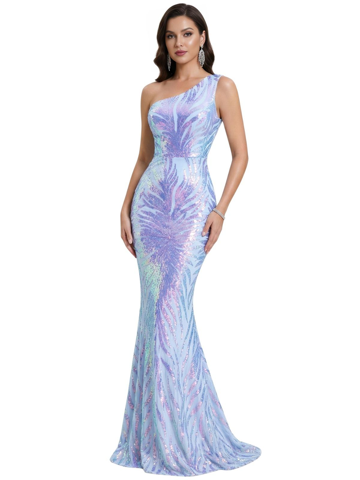 Women's Stretchy One Shoulder Sleeveless Sequined Maxi Dress