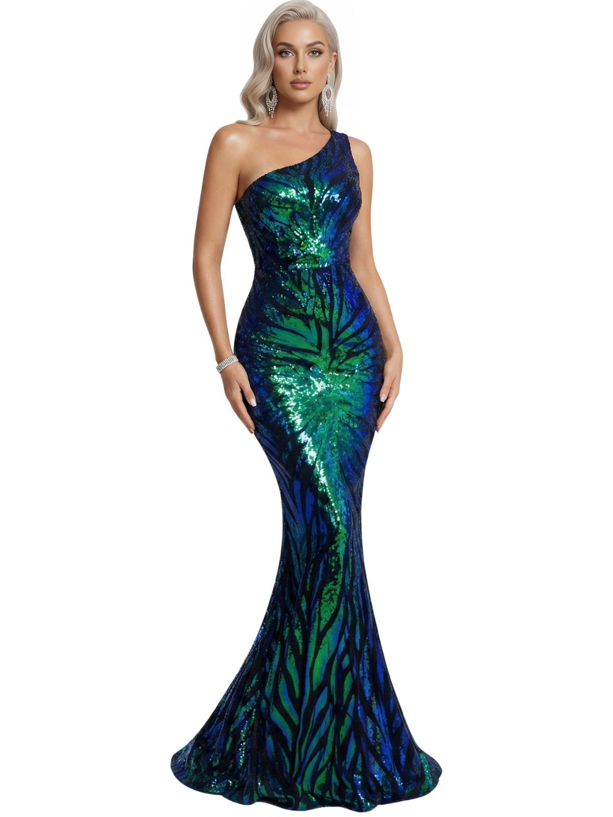 Women's Stretchy One Shoulder Sleeveless Sequined Maxi Dress