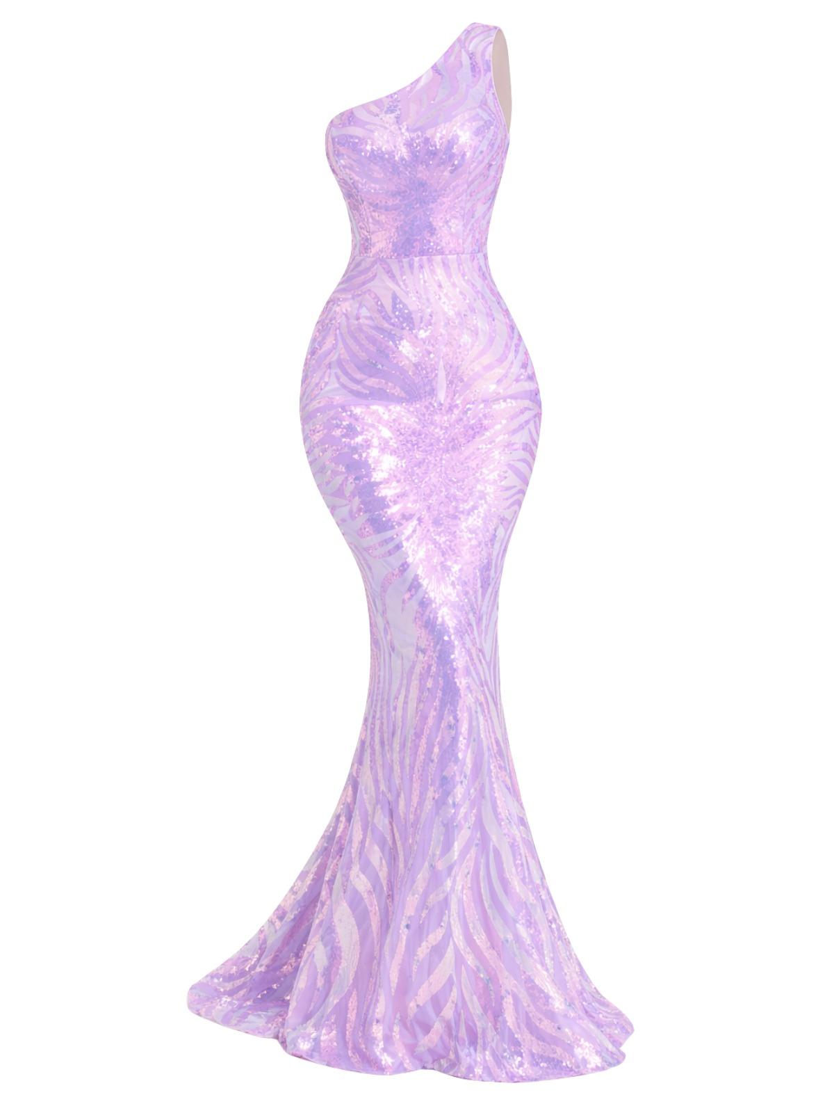 Lavender sequin evening gown on a white background