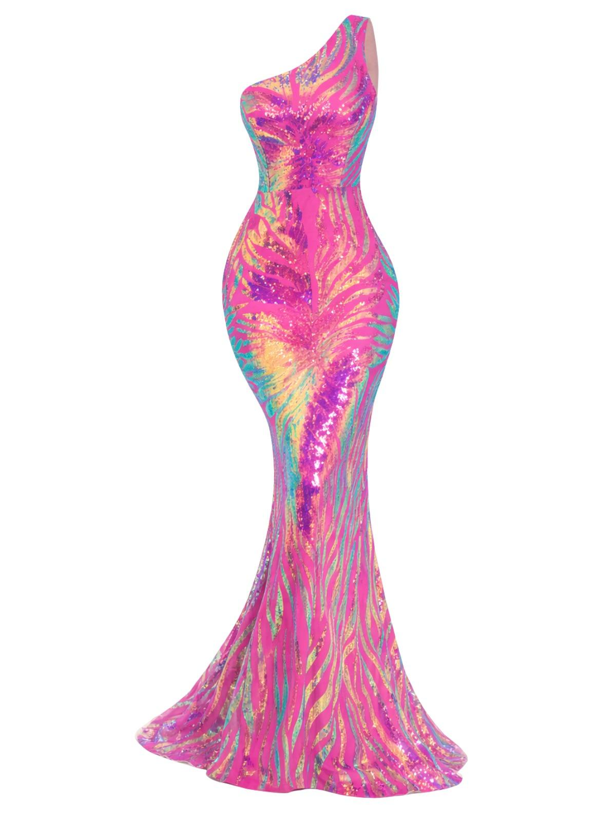 Multicolored sequin one-shoulder dress on a white background