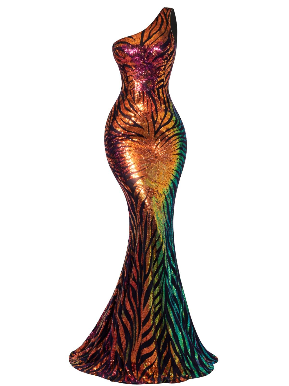 Multicolored gold sequin zebra print dress on a white background