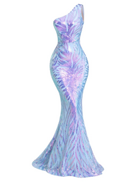 Thumbnail for One-shoulder evening gown with sequin pattern on a white background