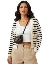 Thumbnail for Women's Striped Cardigan Spring Autumn O-Neck Single Breasted Long Sleeve Crop Tops Fashion Casual Chic Female Sweaters