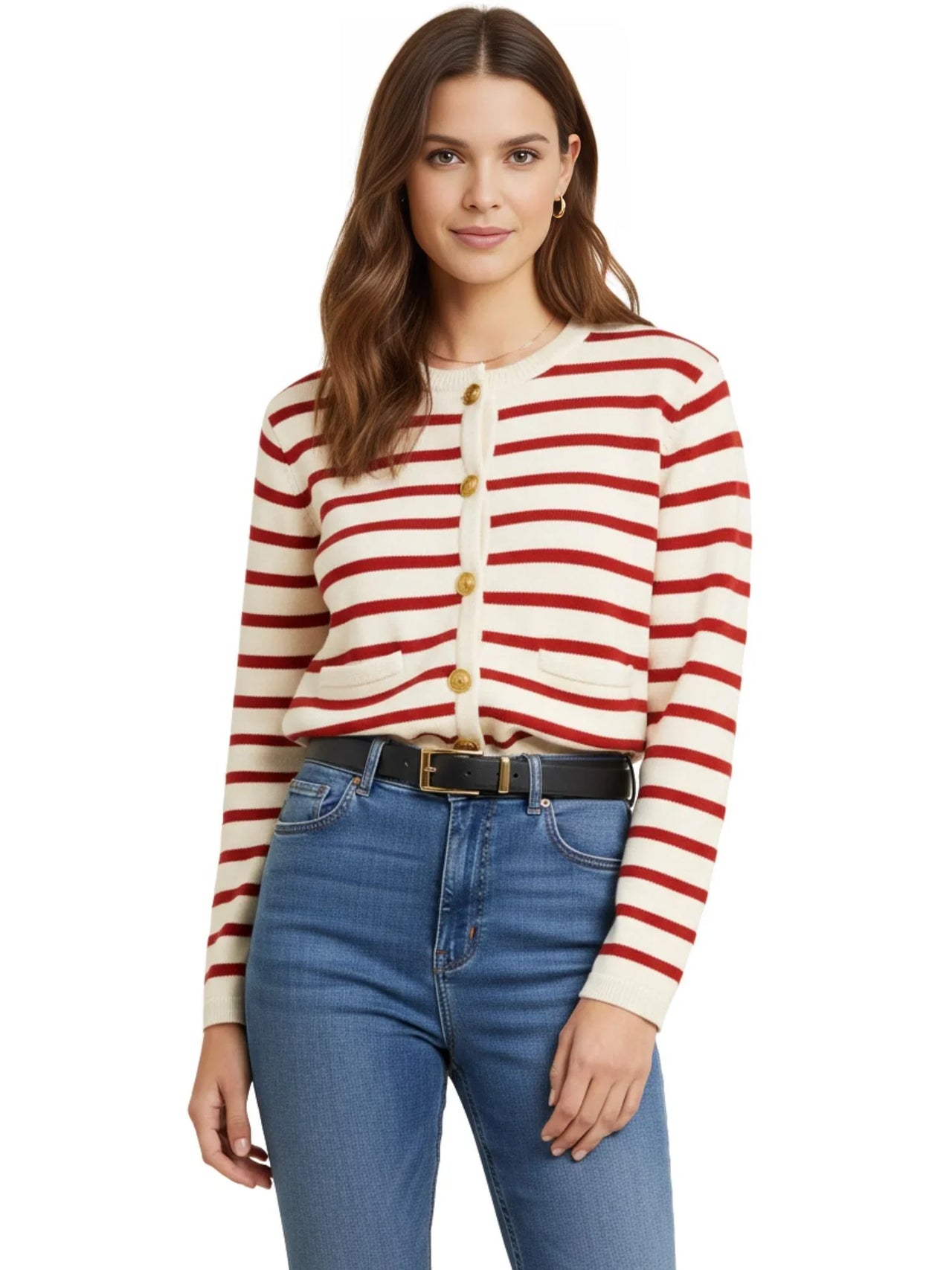 Woman wearing a red and white striped sweater with blue jeans on a white background