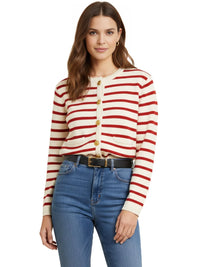 Thumbnail for Woman wearing a red and white striped sweater with blue jeans on a white background