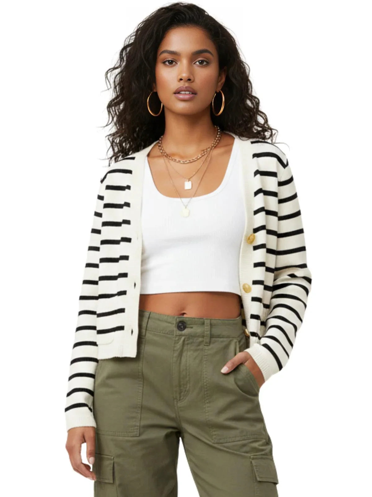 Women's Striped Cardigan Spring Autumn O-Neck Single Breasted Long Sleeve Crop Tops Fashion Casual Chic Female Sweaters