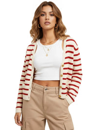 Thumbnail for Women's Striped Cardigan Spring Autumn O-Neck Single Breasted Long Sleeve Crop Tops Fashion Casual Chic Female Sweaters