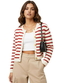 Thumbnail for Women's Striped Cardigan Spring Autumn O-Neck Single Breasted Long Sleeve Crop Tops Fashion Casual Chic Female Sweaters