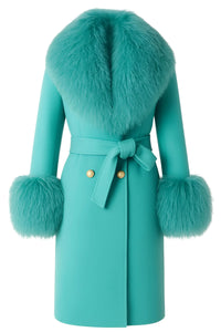 Thumbnail for Teal wool coat with fur accents on a white background