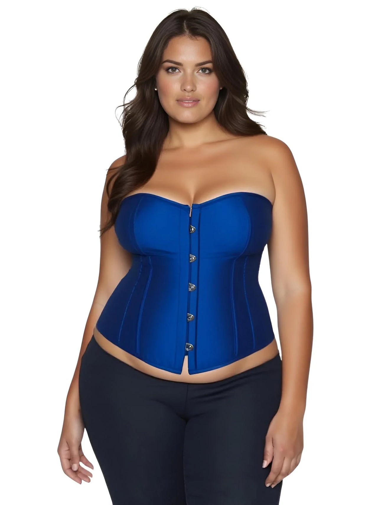Woman wearing a blue corset on a white background