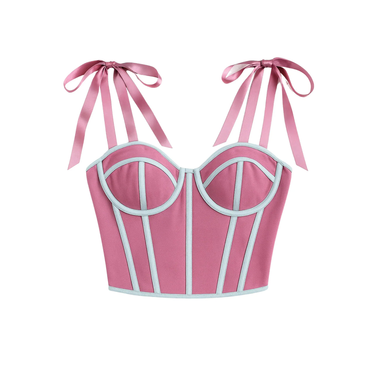 Pink crop top with white straps and ribbon straps on a white background