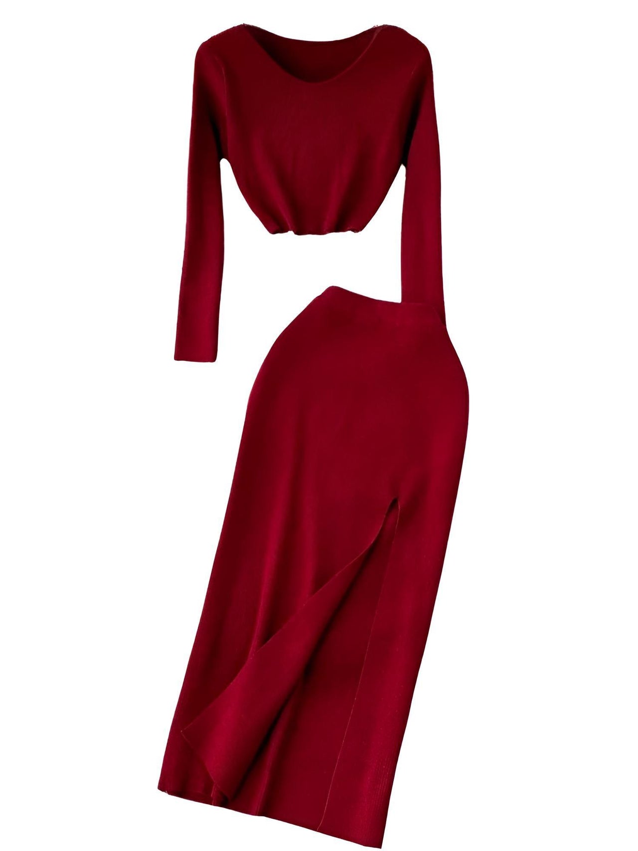 Women's Two Piece Skirt Suits Long Sleeves Knit Top + Split Long Skirt Sets -, Outfit Sets , Drestiny , Australia, Black, Brown, Canada, Casual Shirts, Crop Tops, Deep Pink, Green, Khaki, Light Blue, Long Sleeves, New Zealand, Skirt Sets, Skirts, Teal, United Kingdom, United States, White , Drestiny , Wine Red, Dark Blue, Mint Green, www.shopdrestiny.com