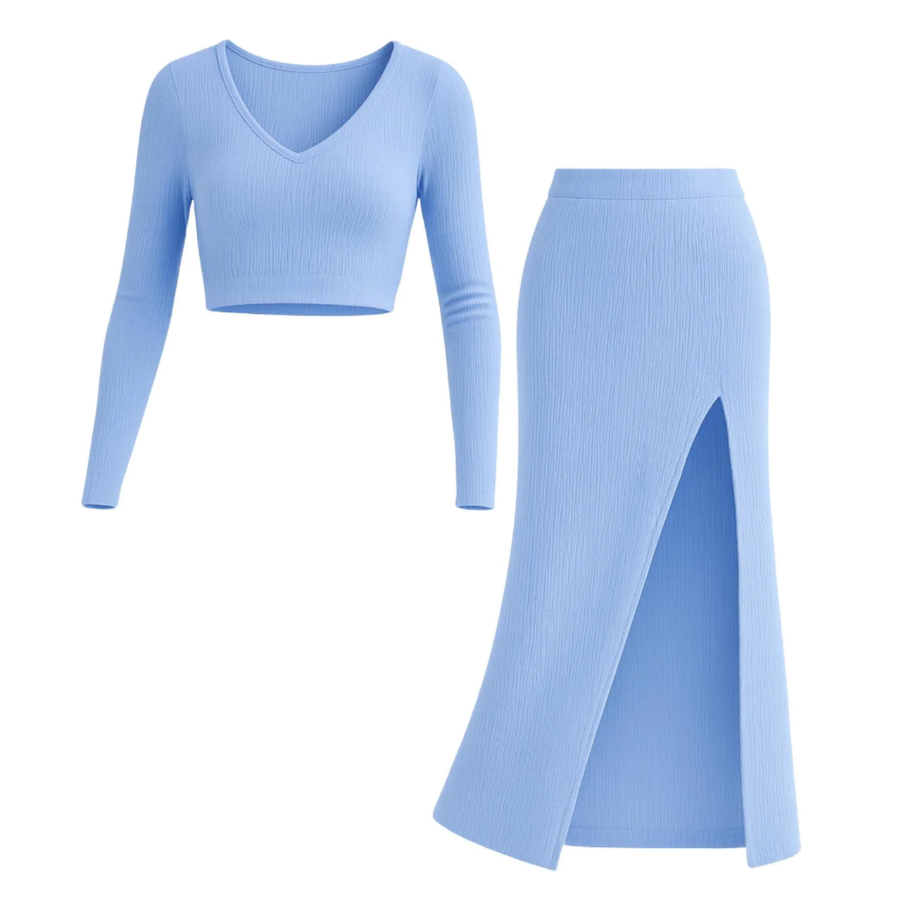 Light blue long-sleeve top and skirt set on a white background