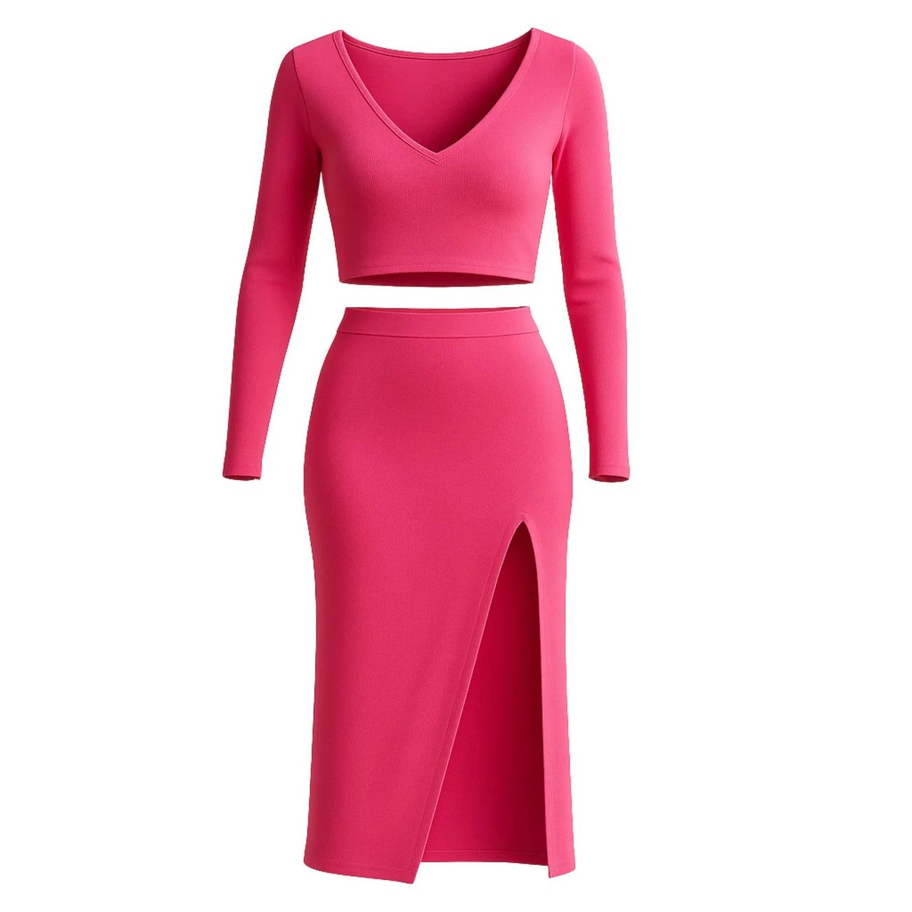 Women's Two Piece Skirt Suits Long Sleeves Knit Top + Split Long Skirt Sets