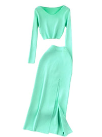 Thumbnail for Women's Two Piece Skirt Suits Long Sleeves Knit Top + Split Long Skirt Sets -, Outfit Sets , Drestiny , Australia, Black, Brown, Canada, Casual Shirts, Crop Tops, Deep Pink, Green, Khaki, Light Blue, Long Sleeves, New Zealand, Skirt Sets, Skirts, Teal, United Kingdom, United States, White , Drestiny , Wine Red, Dark Blue, Mint Green, www.shopdrestiny.com