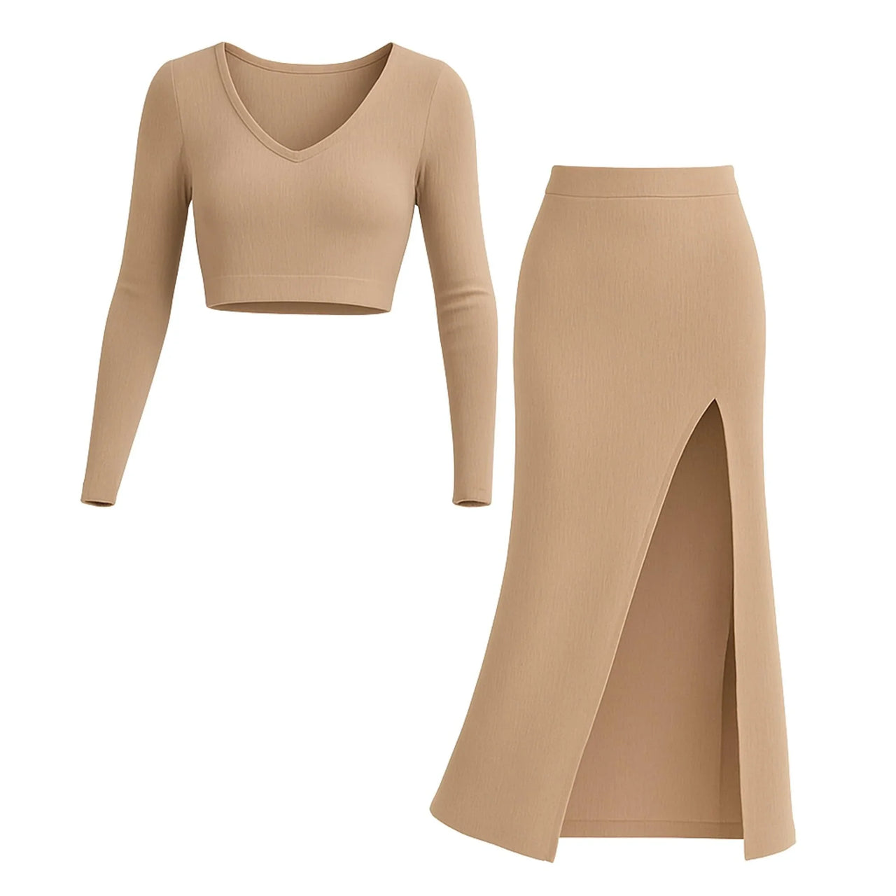 Women's Two Piece Skirt Suits Long Sleeves Knit Top + Split Long Skirt Sets