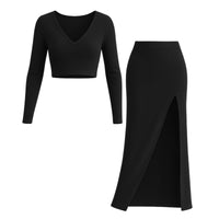 Thumbnail for Women's Two Piece Skirt Suits Long Sleeves Knit Top + Split Long Skirt Sets