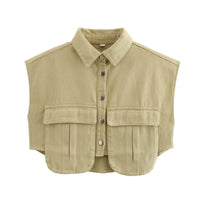 Thumbnail for Women's Utility Crop Top 2025 Spring New High Fashion Breathable Blouses Double Pocket Front Sleeveless Crop Tops, Drestiny, Sleeveless, Vests, Crop Tops, Casual Shirts, S, M, L, Sky Blue, Orange, Khaki, Olive Green, Lavender, Pink, White, Black, United States, USA, Canada, Australia, New Zealand, United Kingdom, UK, Cropped Vest, Utility Vest, Cargo Vest, shopdrestiny.com
