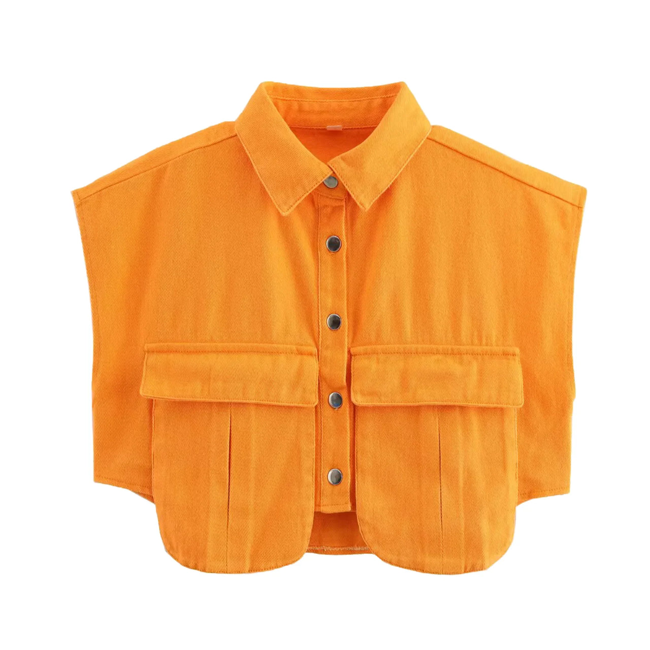 Orange sleeveless cargo top with button details on a white background