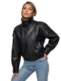 Thumbnail for Women's Vegan Leather Bomber Jacket Pebble Faux Leather Jacket Motorcycle Style Trending Fashion