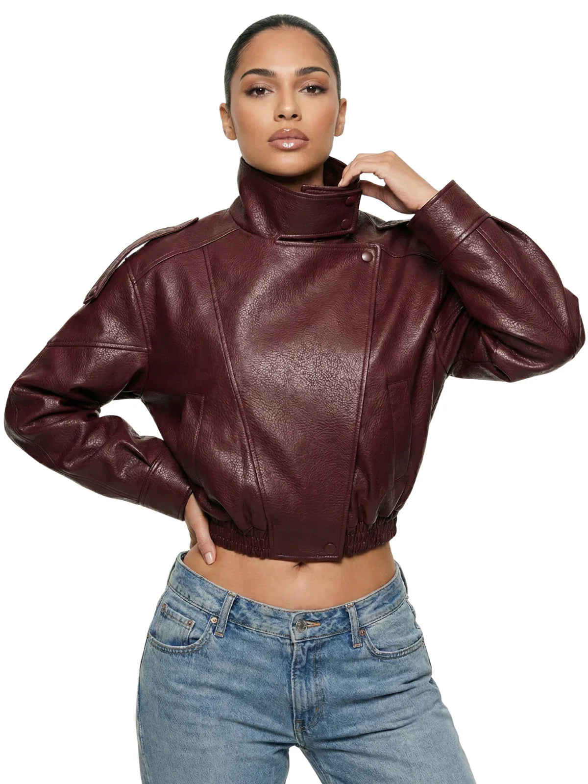 Women's Vegan Leather Bomber Jacket Pebble Faux Leather Jacket Motorcycle Style Trending Fashion