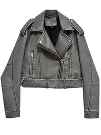 Thumbnail for Women's Vintage Loose Faux Leather Short Jacket With Belt
