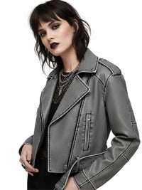 Thumbnail for Women's Vintage Loose Faux Leather Short Jacket With Belt