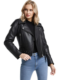 Thumbnail for Woman wearing a black leather jacket and blue jeans on a white background