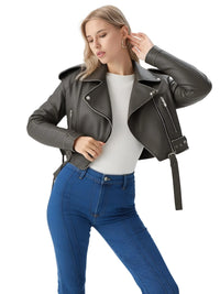Thumbnail for Woman wearing a grey leather jacket and blue jeans on a white background
