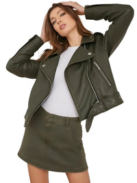 Thumbnail for Woman wearing an carbon green leather jacket and skirt on a white background