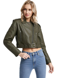 Thumbnail for Woman wearing a green leather jacket and blue jeans on a white background