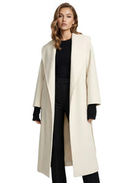 Thumbnail for Woman wearing a long white waterfall coat with belt and shawl lapel on a white background