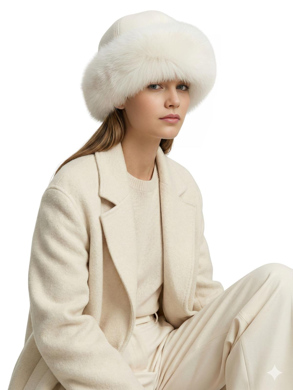 Woman wearing a cream coat and white faux fur hat on a white background