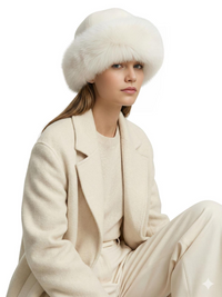 Thumbnail for Woman wearing a cream coat and white faux fur hat on a white background