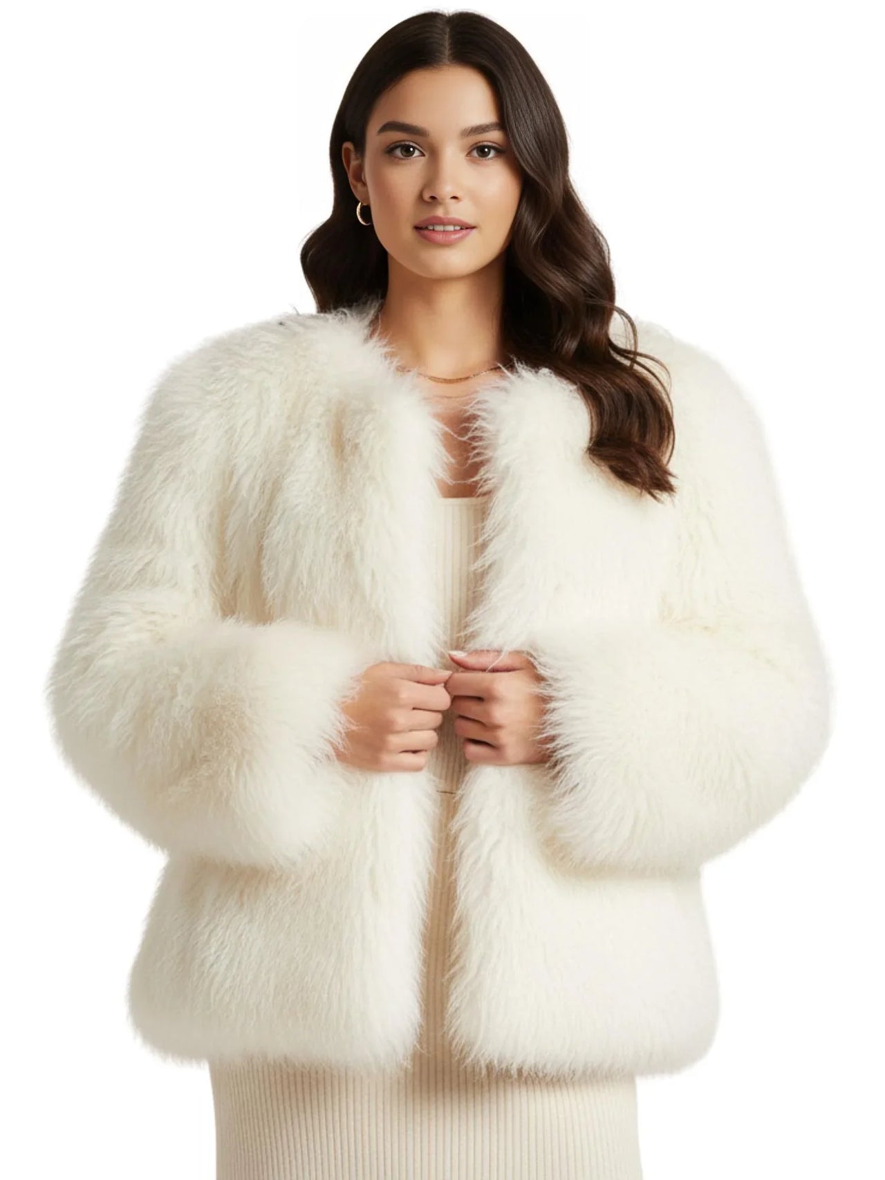 Woman wearing a white faux fur coat on a white background